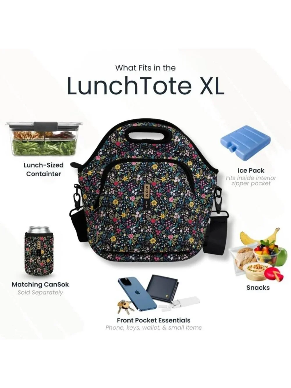 Insulated Neoprene Lunch Tote Bag - X-Large 6.5 Quart Caddy for Meal Prep, Green